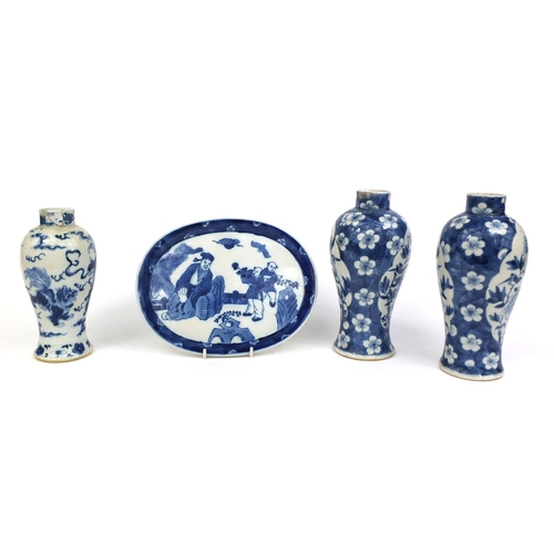 406 - Group of Chinese blue and white porcelain, comprising a pair of baluster vases, hand painted with bi... 