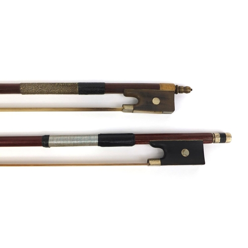 135 - Two vintage violin bows, one stamped Meinel, the longest 74cm long