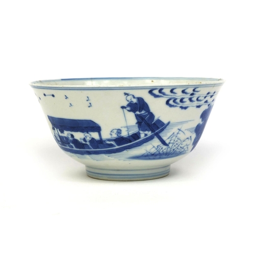 383 - Chinese blue and white porcelain bowl, hand painted with figures in a junk amongst a river landscape... 