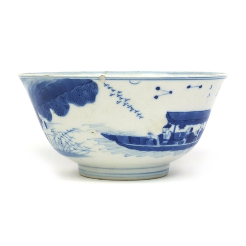 383 - Chinese blue and white porcelain bowl, hand painted with figures in a junk amongst a river landscape... 