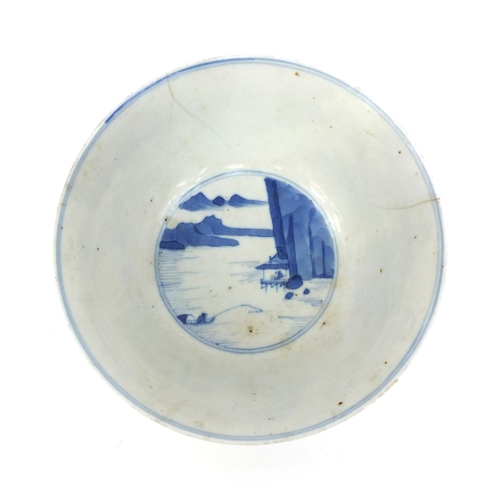 383 - Chinese blue and white porcelain bowl, hand painted with figures in a junk amongst a river landscape... 