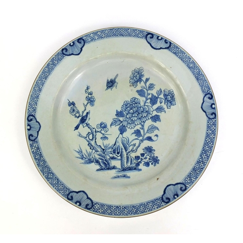 405 - Chinese blue and white porcelain charger, hand painted with birds of Paradise amongst flowers and fo... 