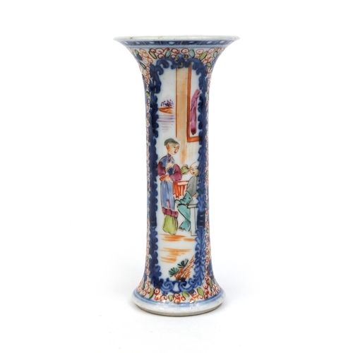 379 - Chinese porcelain trumpet vase hand painted in the mandarin palette with figures onto a floral board... 