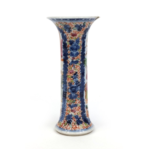 379 - Chinese porcelain trumpet vase hand painted in the mandarin palette with figures onto a floral board... 