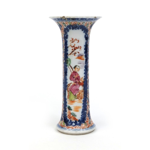 379 - Chinese porcelain trumpet vase hand painted in the mandarin palette with figures onto a floral board... 