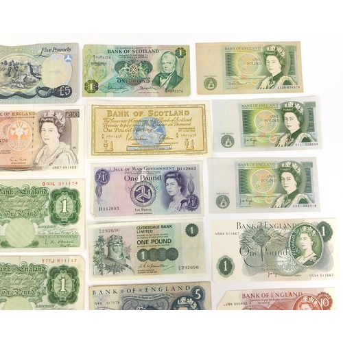 232 - Group of mostly British banknotes including ten pounds, five pounds and one pound notes