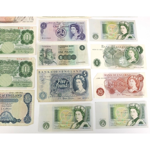 232 - Group of mostly British banknotes including ten pounds, five pounds and one pound notes