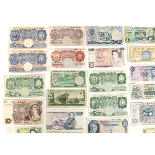 232 - Group of mostly British banknotes including ten pounds, five pounds and one pound notes