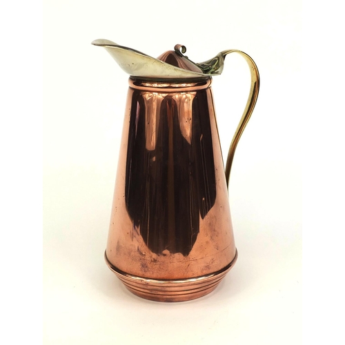 638 - Arts & Crafts WAS Benson copper and brass water pot with hinged lid, factory marks to the base, 26cm... 