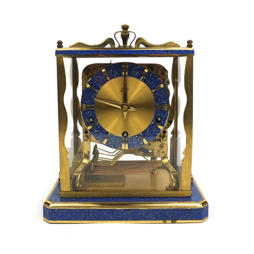 744 - Schatz of Germany Lapis Lazuli mantle clock, chiming on eight gongs, 23cm high