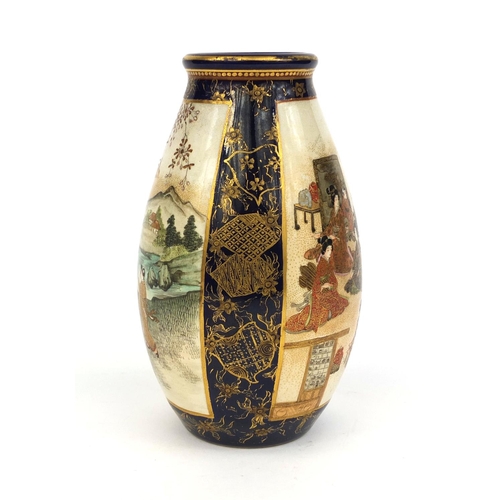 430 - Japanese Satsuma pottery vase, hand painted with panels of figures onto a cobalt blue ground, charac... 