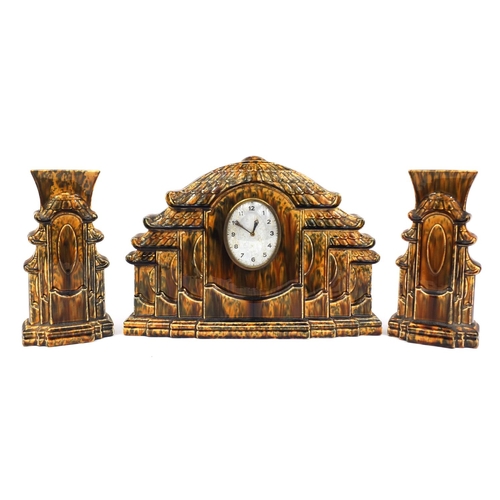 612 - French Art Deco Sarregguemines pottery mantle clock with garnitures, the mantle clock with silvered ... 