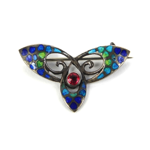 645 - Art Nouveau silver and enamel brooch set with a pink stone, Birmingham hallmarked, 3.4cm wide