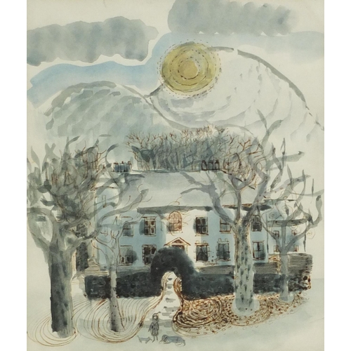 1008 - Surreal watercolour, house beneath the hill, titled verso, mounted, 19cm x 17cm excluding the mount