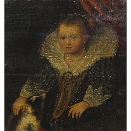 957 - Oil onto canvas, Elizabethan girl stroking her dog, gilt framed, 24cm x 21cm excluding the frame