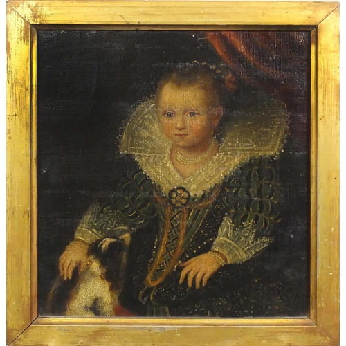 957 - Oil onto canvas, Elizabethan girl stroking her dog, gilt framed, 24cm x 21cm excluding the frame