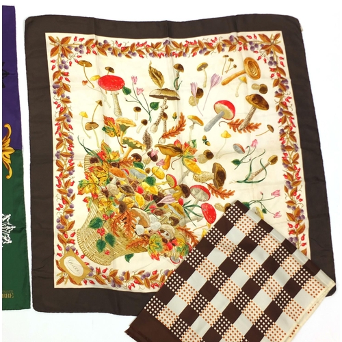 49 - Group of three vintage silk scarves including a Gucci example decorated with mushrooms and a Gianfra... 