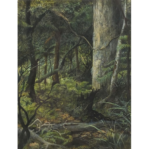 934 - Watercolour, stream running through a forest, possibly New Zealand, mounted and gilt framed, 27cm x ... 