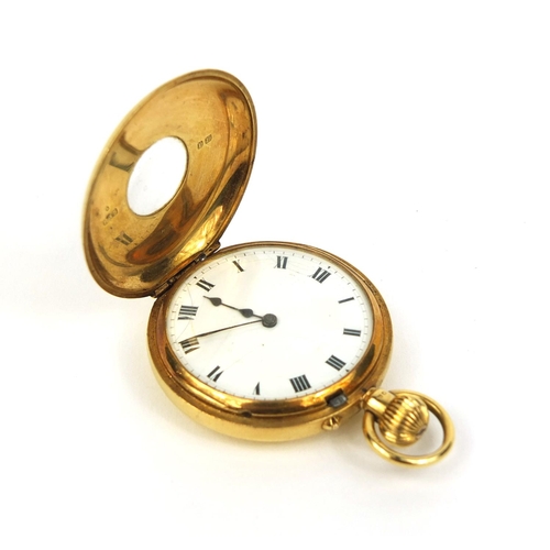 881 - 18ct gold ladies half hunter pocket watch with enamelled Roman Numerals to the case, No.252305 to th... 