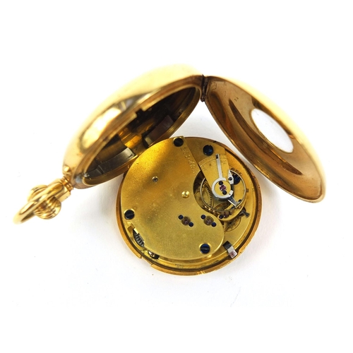 881 - 18ct gold ladies half hunter pocket watch with enamelled Roman Numerals to the case, No.252305 to th... 