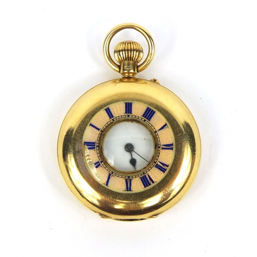 881 - 18ct gold ladies half hunter pocket watch with enamelled Roman Numerals to the case, No.252305 to th... 