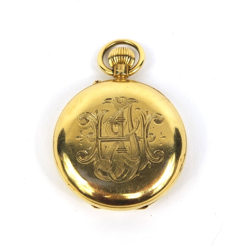 881 - 18ct gold ladies half hunter pocket watch with enamelled Roman Numerals to the case, No.252305 to th... 