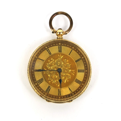 882 - 18ct gold ladies pocket watch with engraved floral decoration and ornate dial, stamped D.F & C to th... 