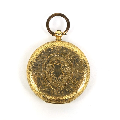 882 - 18ct gold ladies pocket watch with engraved floral decoration and ornate dial, stamped D.F & C to th... 