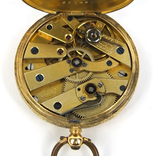 882 - 18ct gold ladies pocket watch with engraved floral decoration and ornate dial, stamped D.F & C to th... 