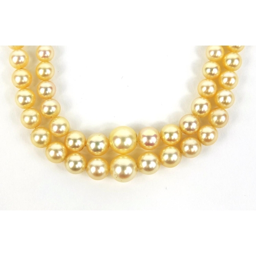 786 - Two row cultured pearl necklace on a 9ct gold clasp, 40cm long, approximate weight 29.6g