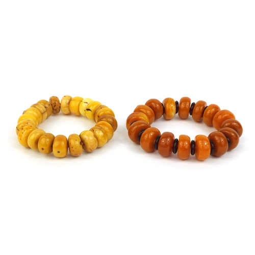 850 - Two Baltic butterscotch amber coloured bead bracelets, approximate weight 76.8g