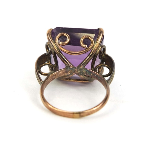 839 - Unmarked gold large square amethyst ring, size N, approximate weight 8.9g