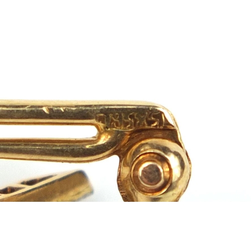 798 - Unmarked gold diamond and clear sapphire bar brooch, 4cm long, approximate weight 3.2g