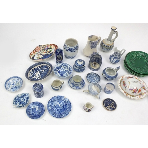 135 - Assorted china to include Majolica green leaf plates, Spode Italian pattern jar and cover, Dresden m... 