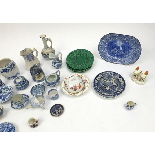 135 - Assorted china to include Majolica green leaf plates, Spode Italian pattern jar and cover, Dresden m... 