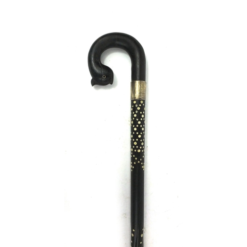 124 - Ebony walking stick with ivory inlay, bird handle and  silver collar