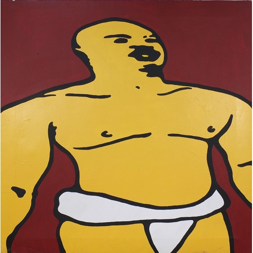 966 - American contemporary school unframed oil onto canvas, Sumo wrestler, 112cm x 11cm