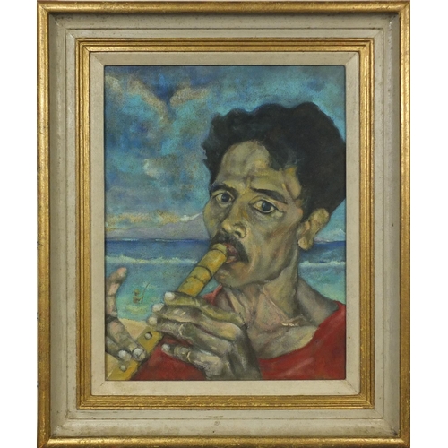 907 - Chinese school oil onto canvas, fisherman on a beach playing a flute, mounted and framed, 39cm x 29c... 