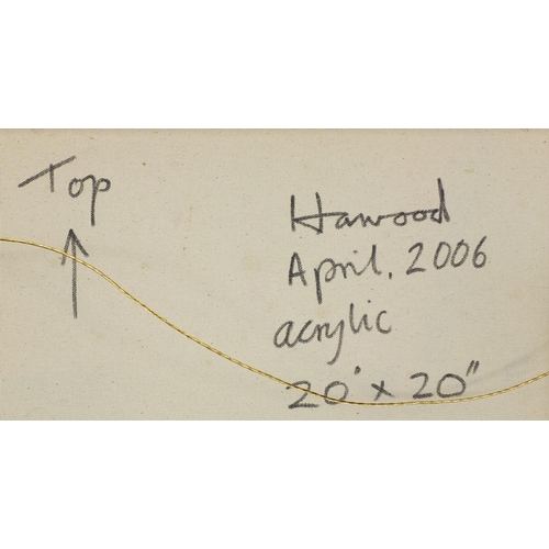 953 - Acrylic onto canvas, abstract composition, geometric shapes, inscribed verso 'Harwood April 2006', f... 