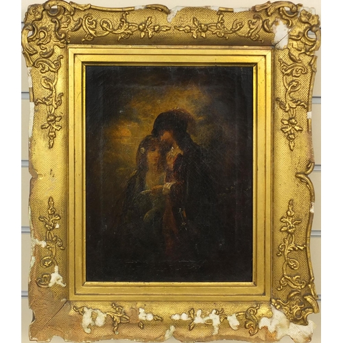 952 - 19th century oil onto canvas, lovers in a cave, ornately gilt framed, 30cm x 23cm excluding the moun... 