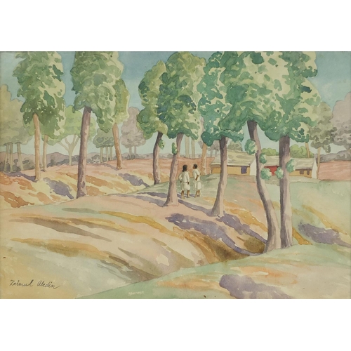 959 - Indian school watercolour, people in a landscape, bearing a signature Zaimul Abidin, Indian labels v... 