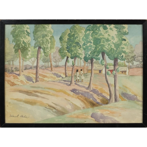 959 - Indian school watercolour, people in a landscape, bearing a signature Zaimul Abidin, Indian labels v... 