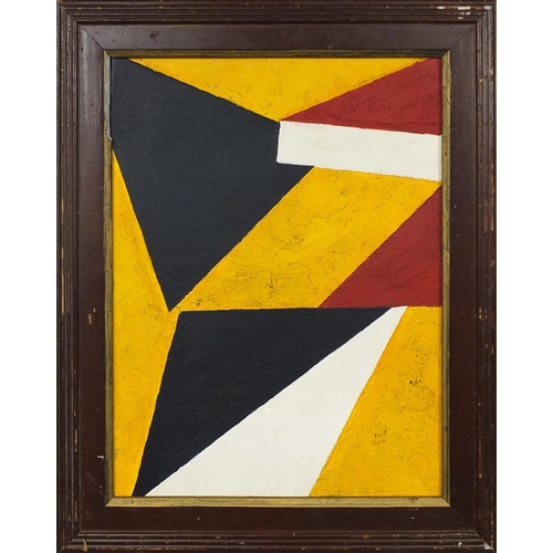 962 - Oil onto board abstract composition, geometric shapes, inscribed verso Mortensen, framed, 39cm x 29c... 