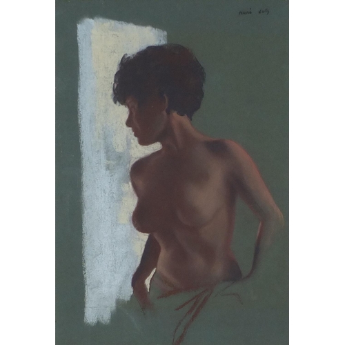 928 - Pastel onto paper, young nude female looking out of a window, bearing a signature Marikats, framed, ... 