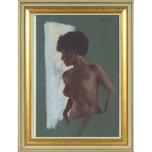 928 - Pastel onto paper, young nude female looking out of a window, bearing a signature Marikats, framed, ... 