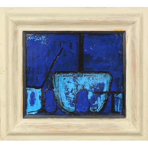 968 - Oil onto board abstract composition, bearing a signature W Scott '65, framed, 28cm x 23cm excluding ... 