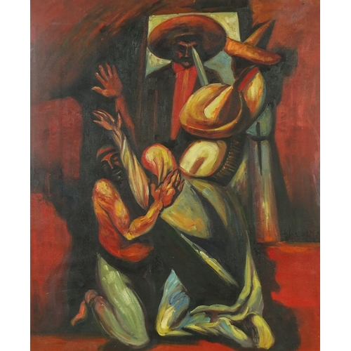 956 - South American school oil onto canvas, surreal figures in an interior, framed, 64cm x 54cm excluding... 