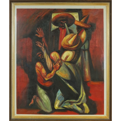 956 - South American school oil onto canvas, surreal figures in an interior, framed, 64cm x 54cm excluding... 