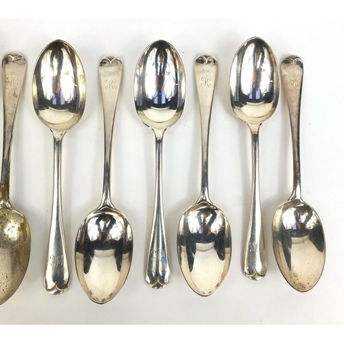 727 - Set of twelve silver rat tail dessert spoons, SG London 1925, 17cm long, approximate weight 612.0g