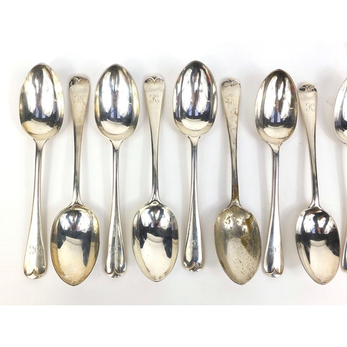 727 - Set of twelve silver rat tail dessert spoons, SG London 1925, 17cm long, approximate weight 612.0g